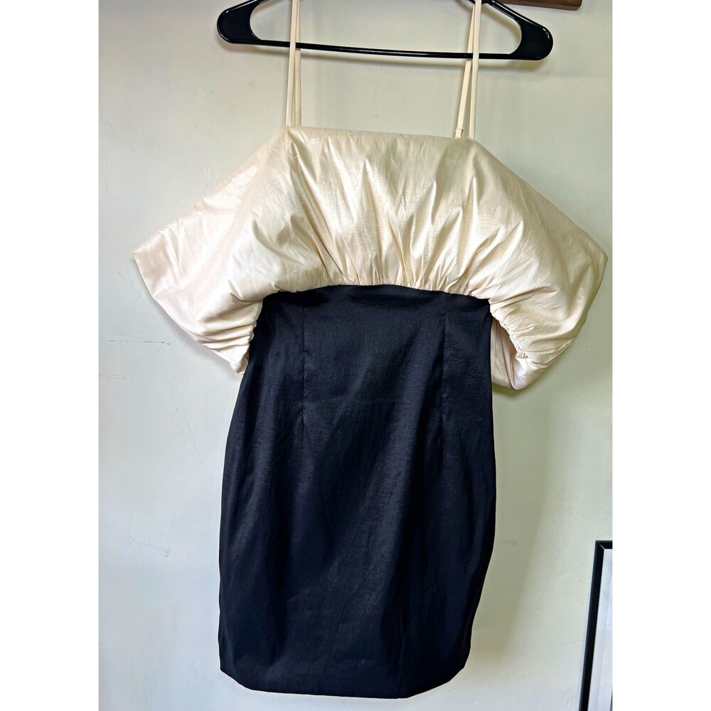 The Vintage Shop Black Ivory Satin Mini Dress Puff Off Shoulder Adjustable Large